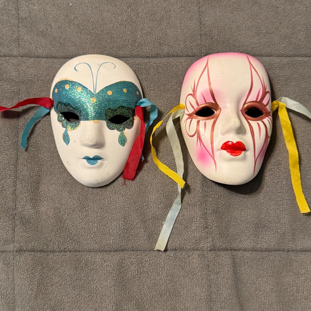 Vintage Ceramic Harlequin Masquerade Masks Set of 2 Glitter Ribbon Hand Painted